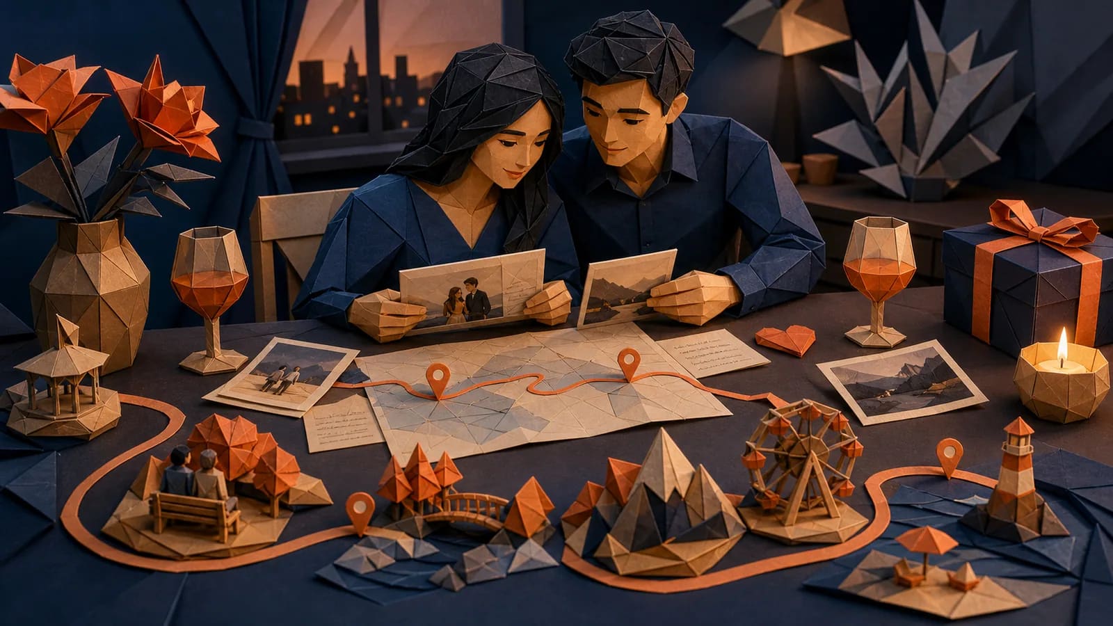 Couple planning a simple anniversary celebration with photos, notes, and meaningful places