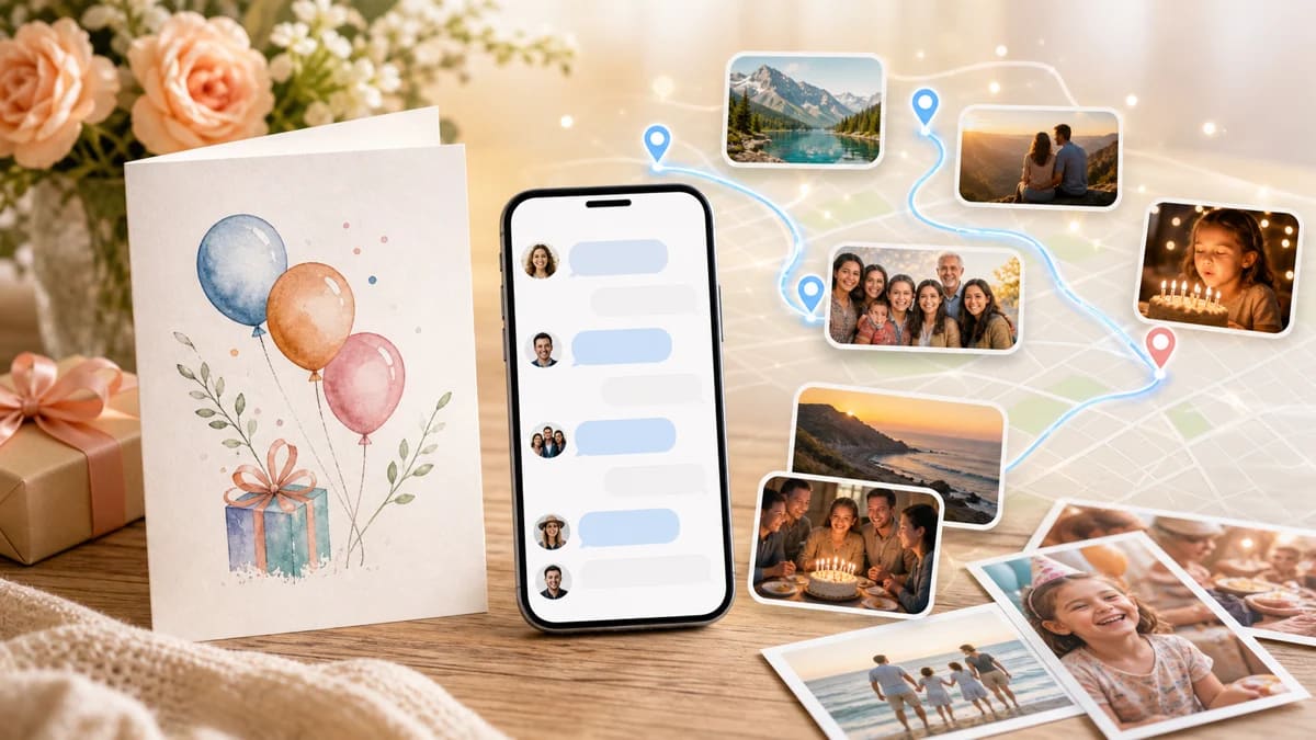 Special birthday greetings with photos, messages, and locations for an AlbumMap video gift.