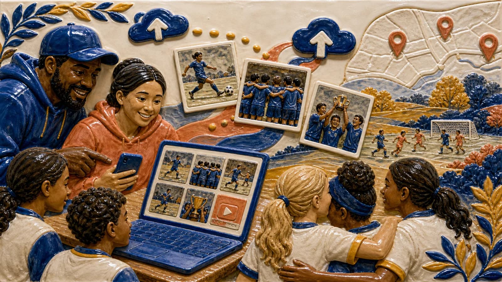 Sports team members organizing shared photos and videos from their season