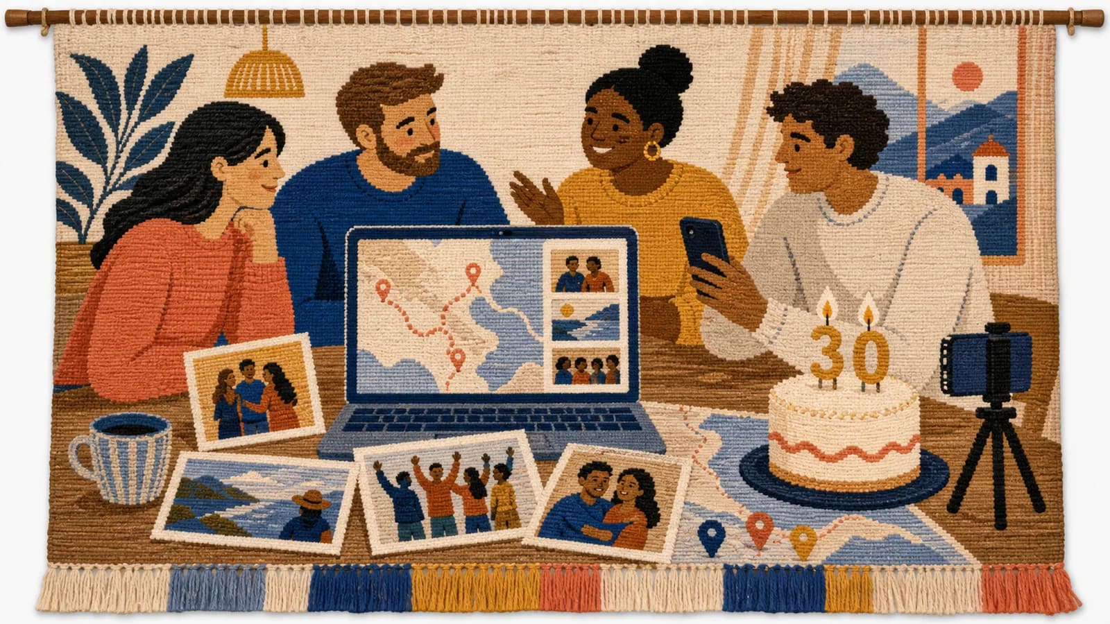 Friends planning a surprise 30th birthday video with photos, a phone, and mapped memories