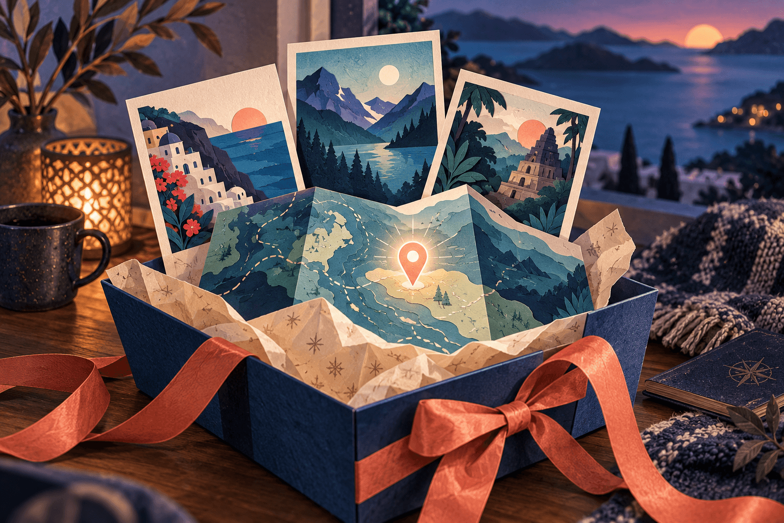 A map route leading to a hidden destination card for a surprise trip