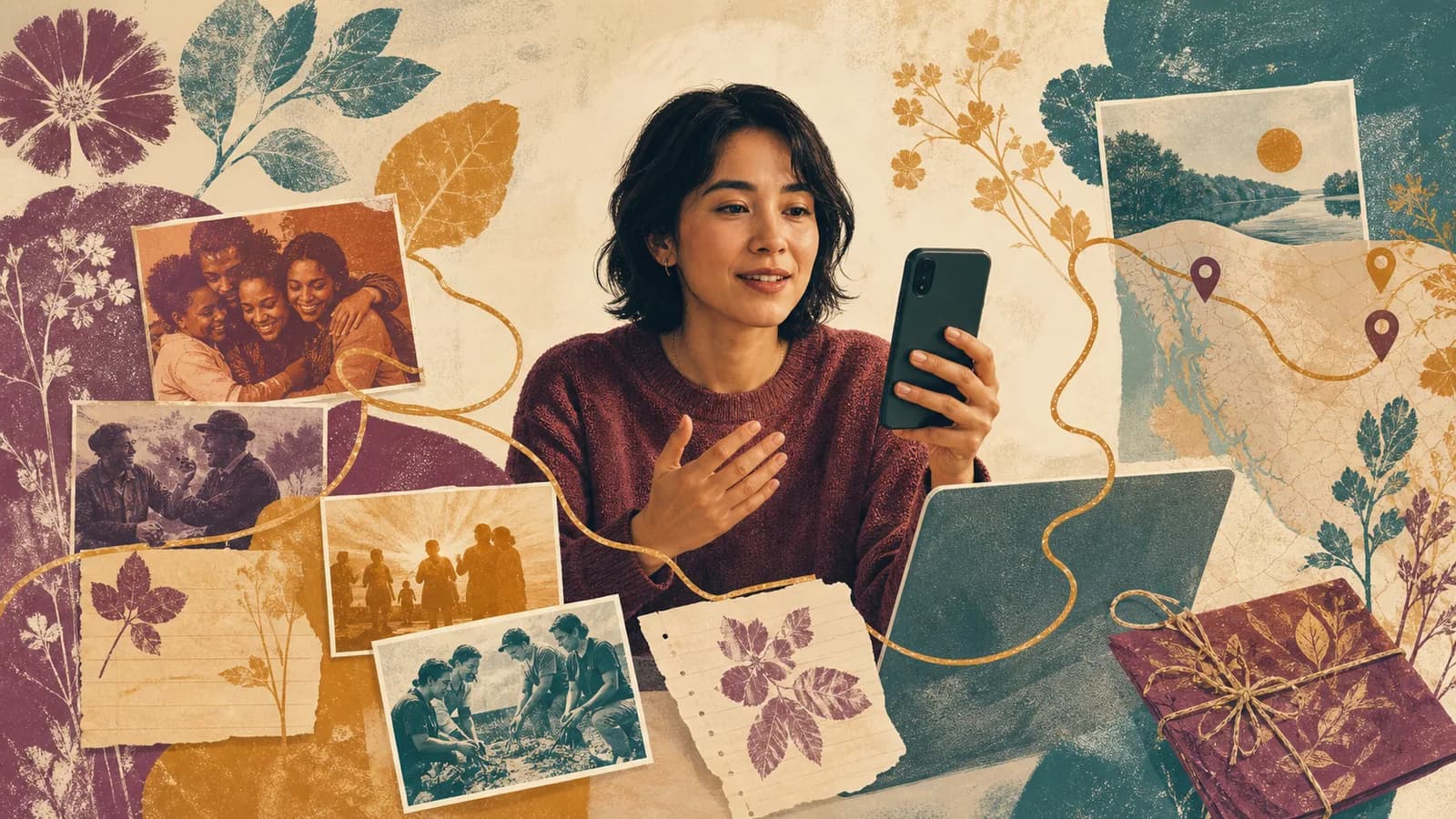 Person planning a personal thank you video with photos, messages, and meaningful places