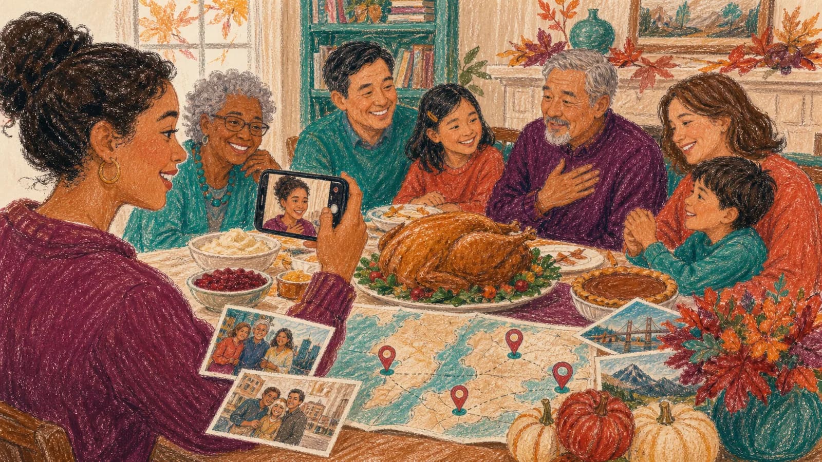Family recording Thanksgiving gratitude video messages around a holiday table