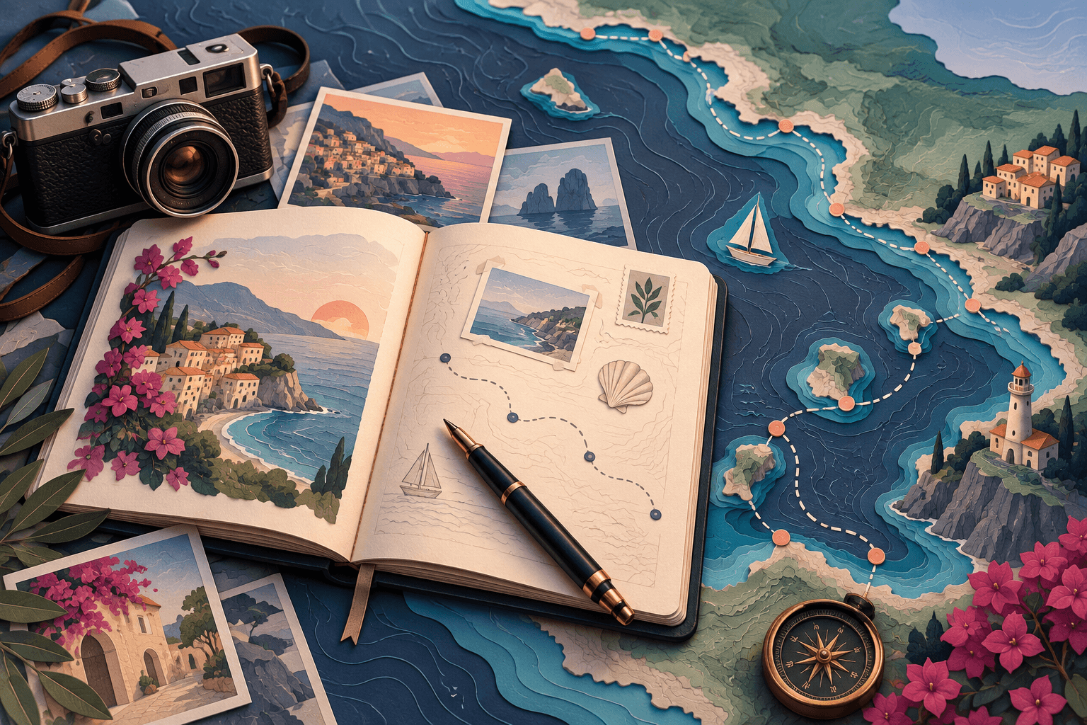 A travel notebook, photographs, and map arranged to turn written memories into video scenes.