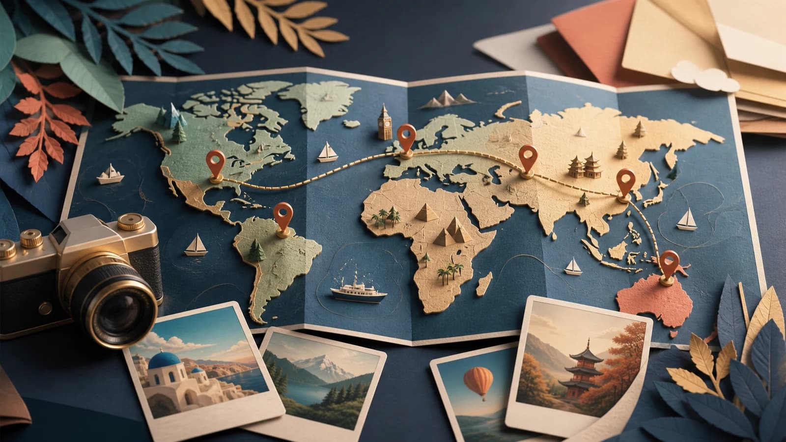 Travel route animation workspace with itinerary cards, map pins, photographs, luggage details, and a screen previewing a moving route.