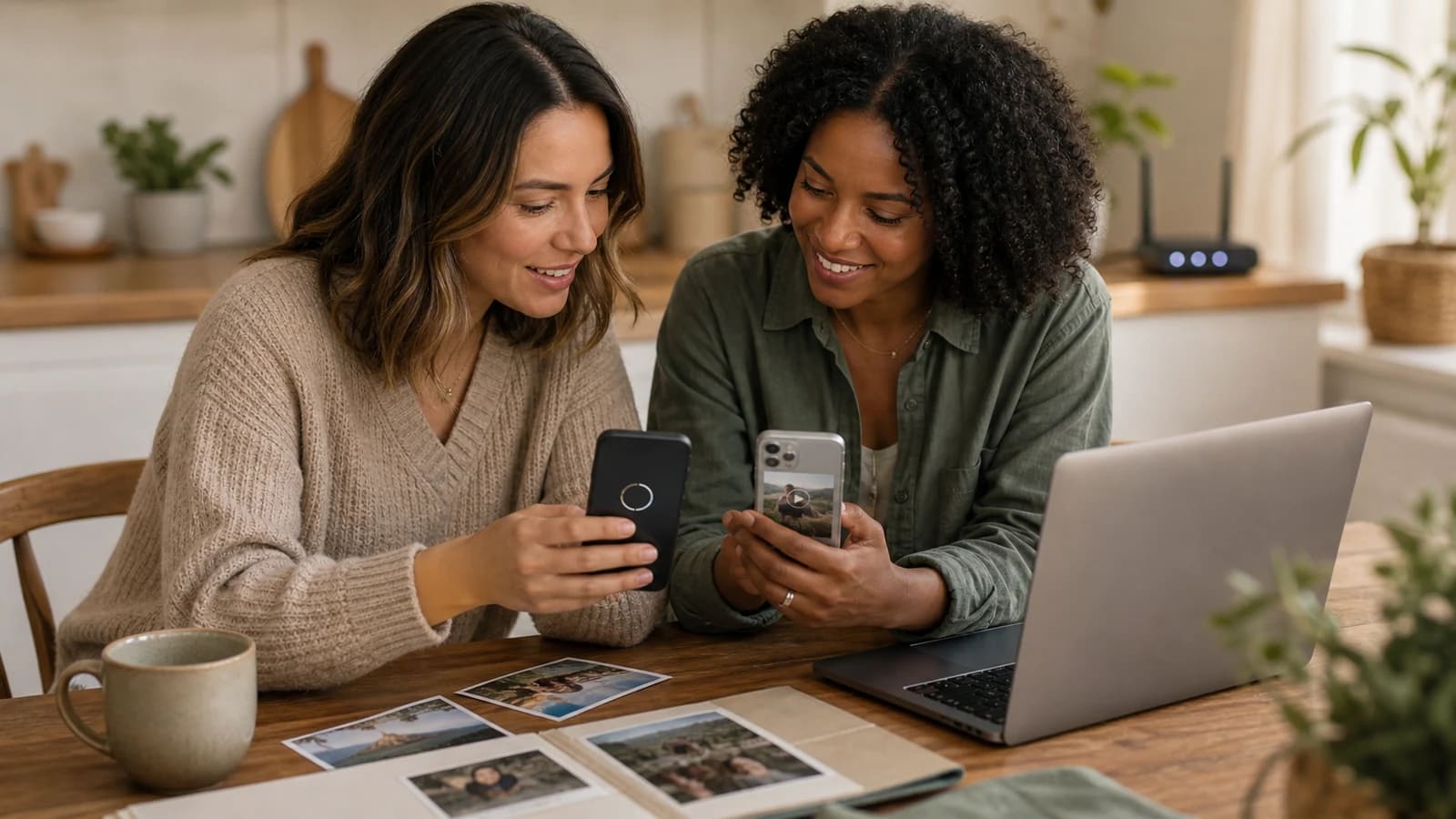 Two friends troubleshooting mobile video uploads on different smartphones beside a laptop.