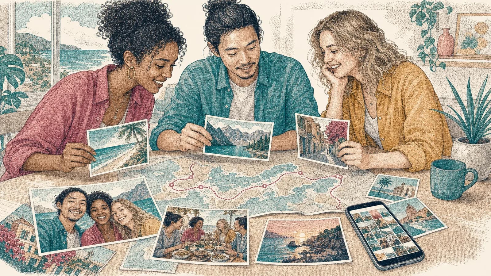 Friends organizing vacation photos and videos beside a map of their trip route