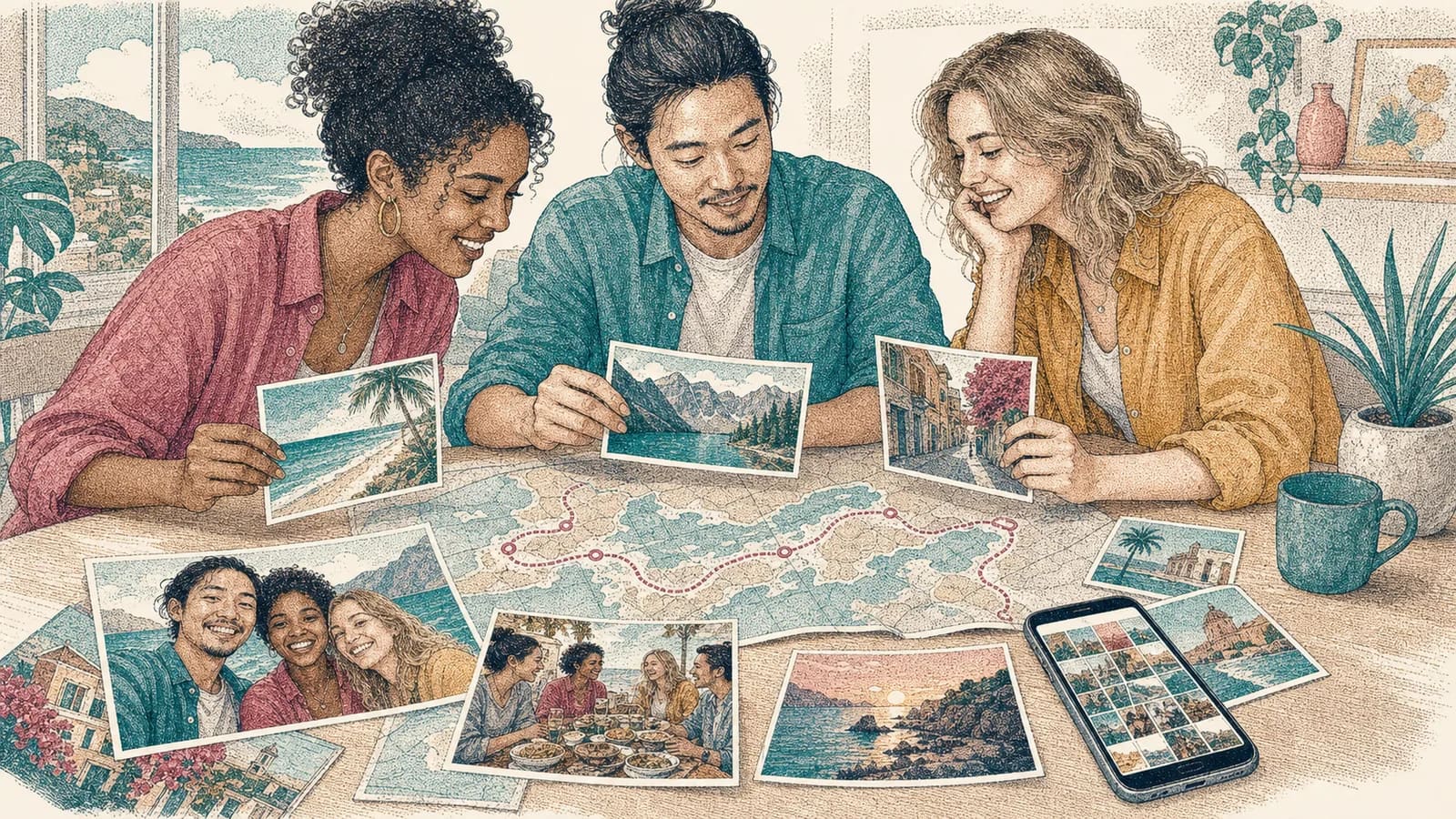 Friends organizing vacation photos and videos beside a map of their trip route