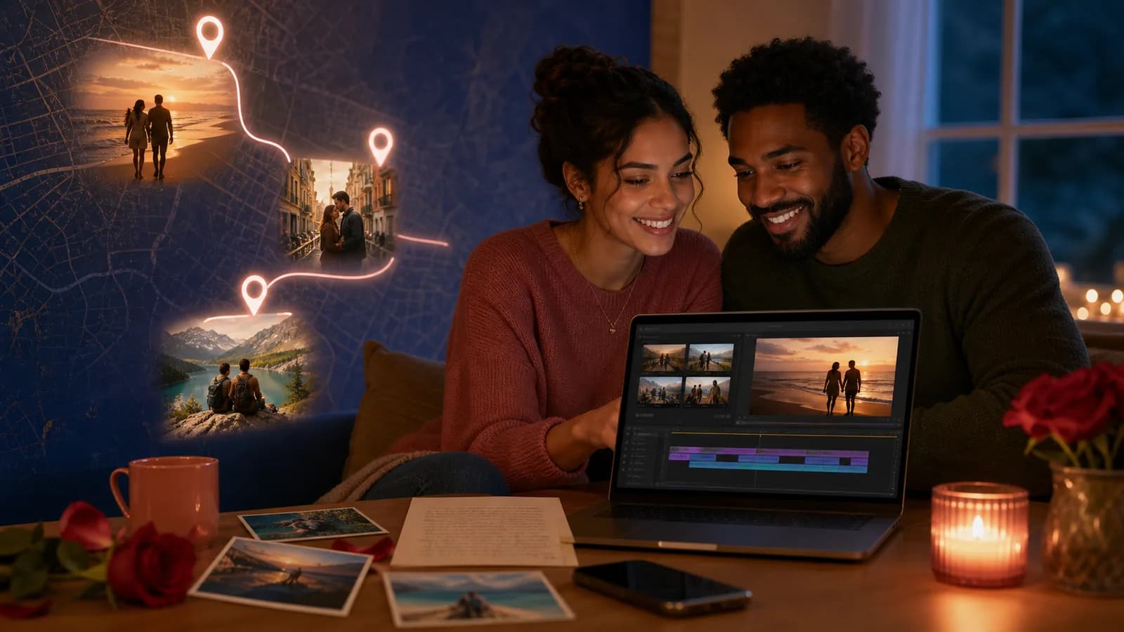 Couple planning a Valentine’s Day video with shared photos, clips, and meaningful places
