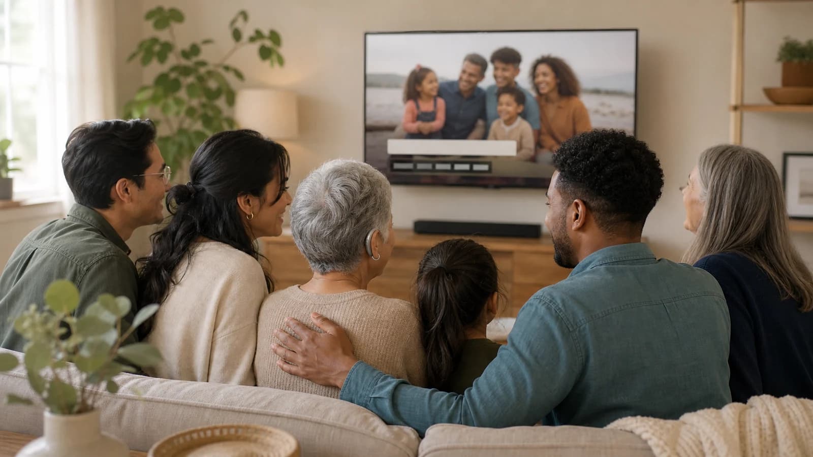 A multigenerational family reviewing a captioned memory video together in a bright living room.