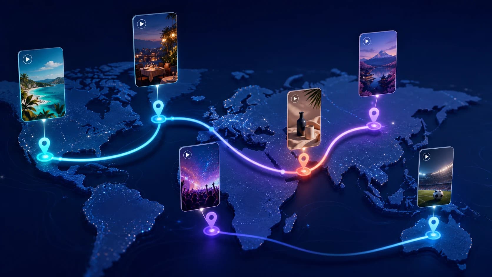 Editorial map illustration with connected pins representing location-based video ideas for brands and creators.