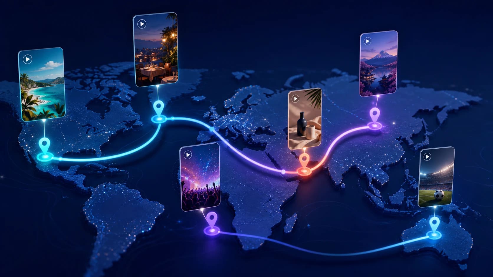 Editorial map illustration with connected pins representing location-based video ideas for brands and creators.