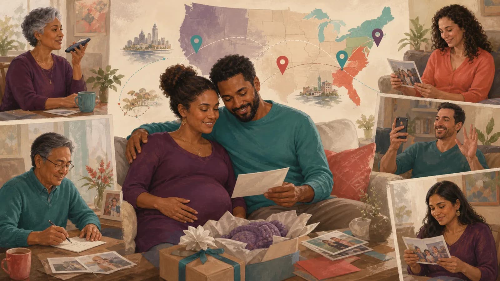 Long-distance family preparing cards, photos, and video messages as virtual baby shower alternatives