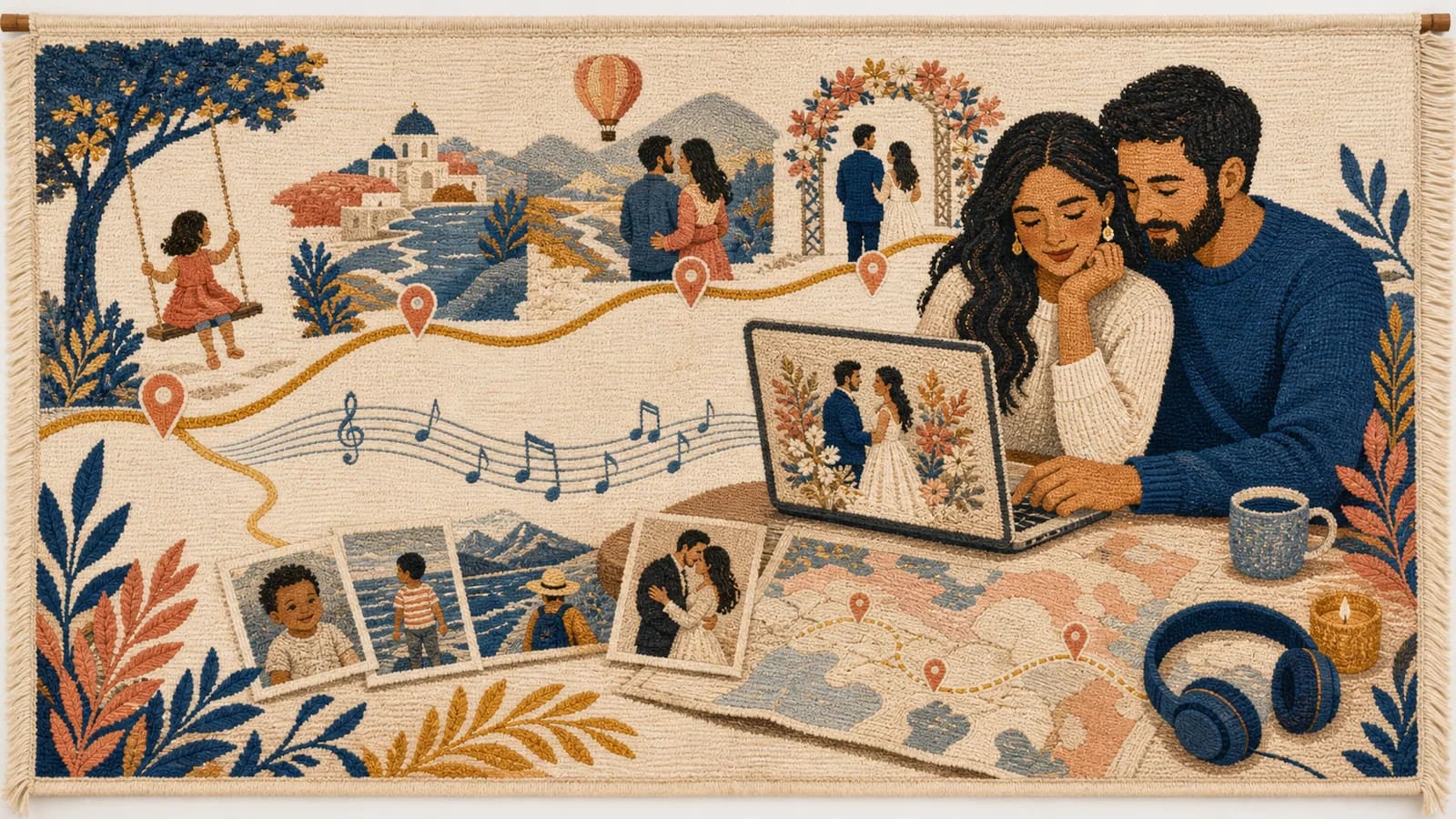 Couple planning a wedding slideshow with music using photos and a laptop