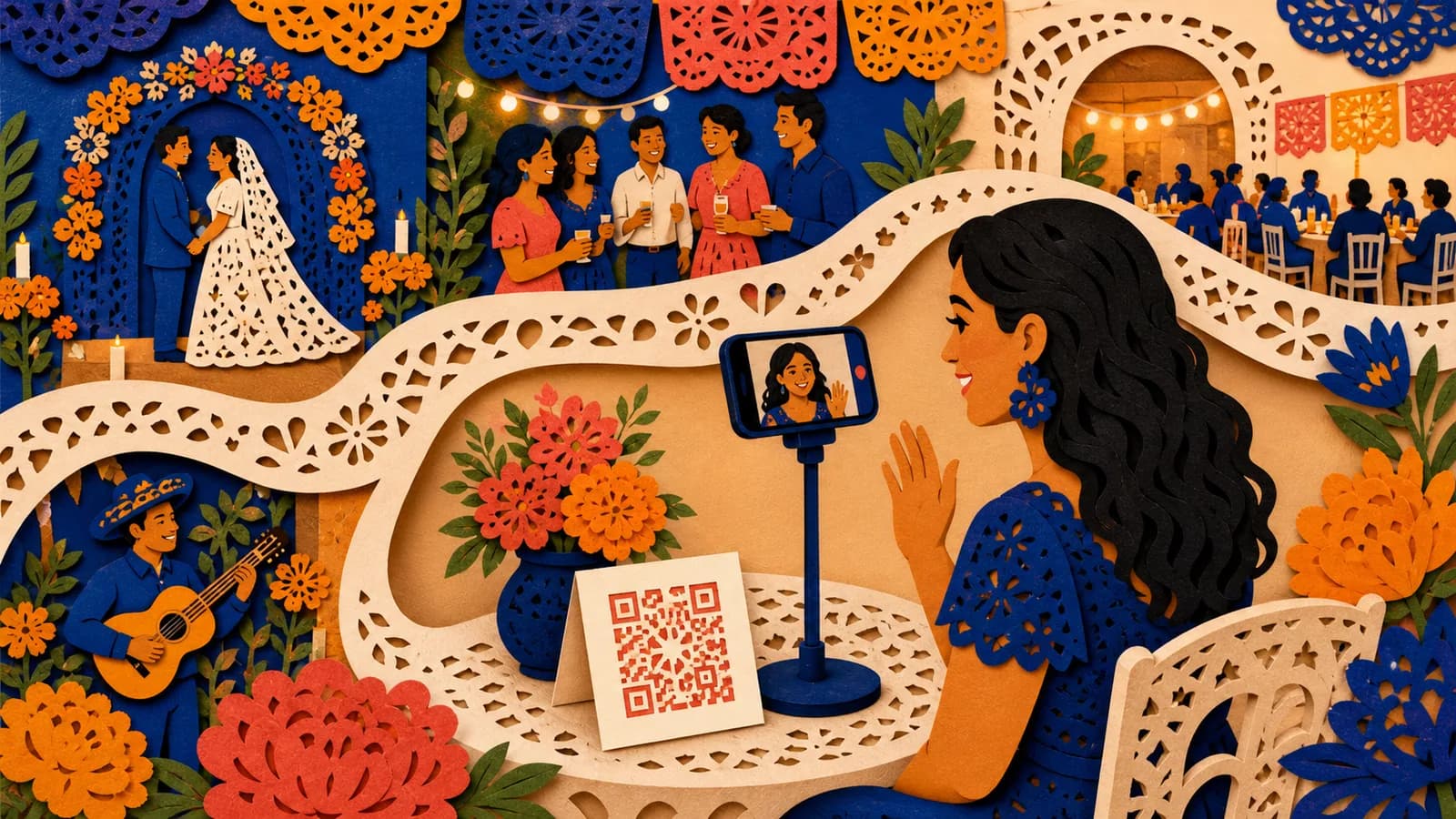 Wedding guest recording a video message beside a wedding guest book QR code