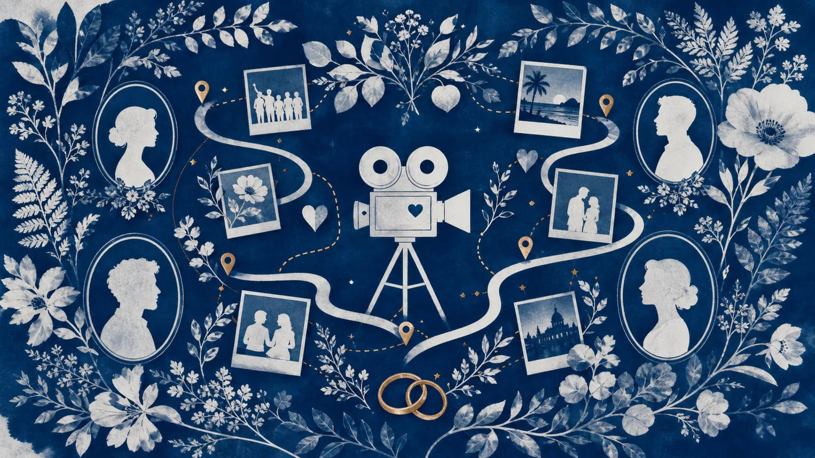 Cyanotype wedding guest book with portraits, flowers, a camera, and memory routes
