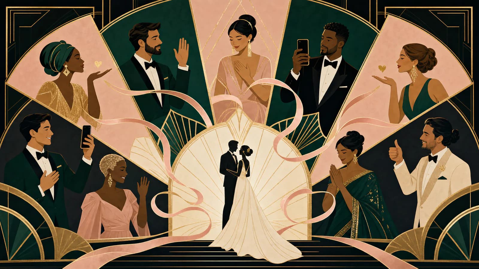 Art Deco wedding guests sharing video messages around a newlywed couple