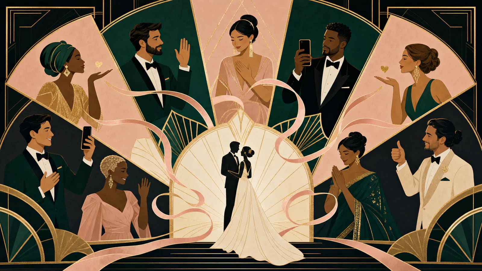 Art Deco wedding guests sharing video messages around a newlywed couple