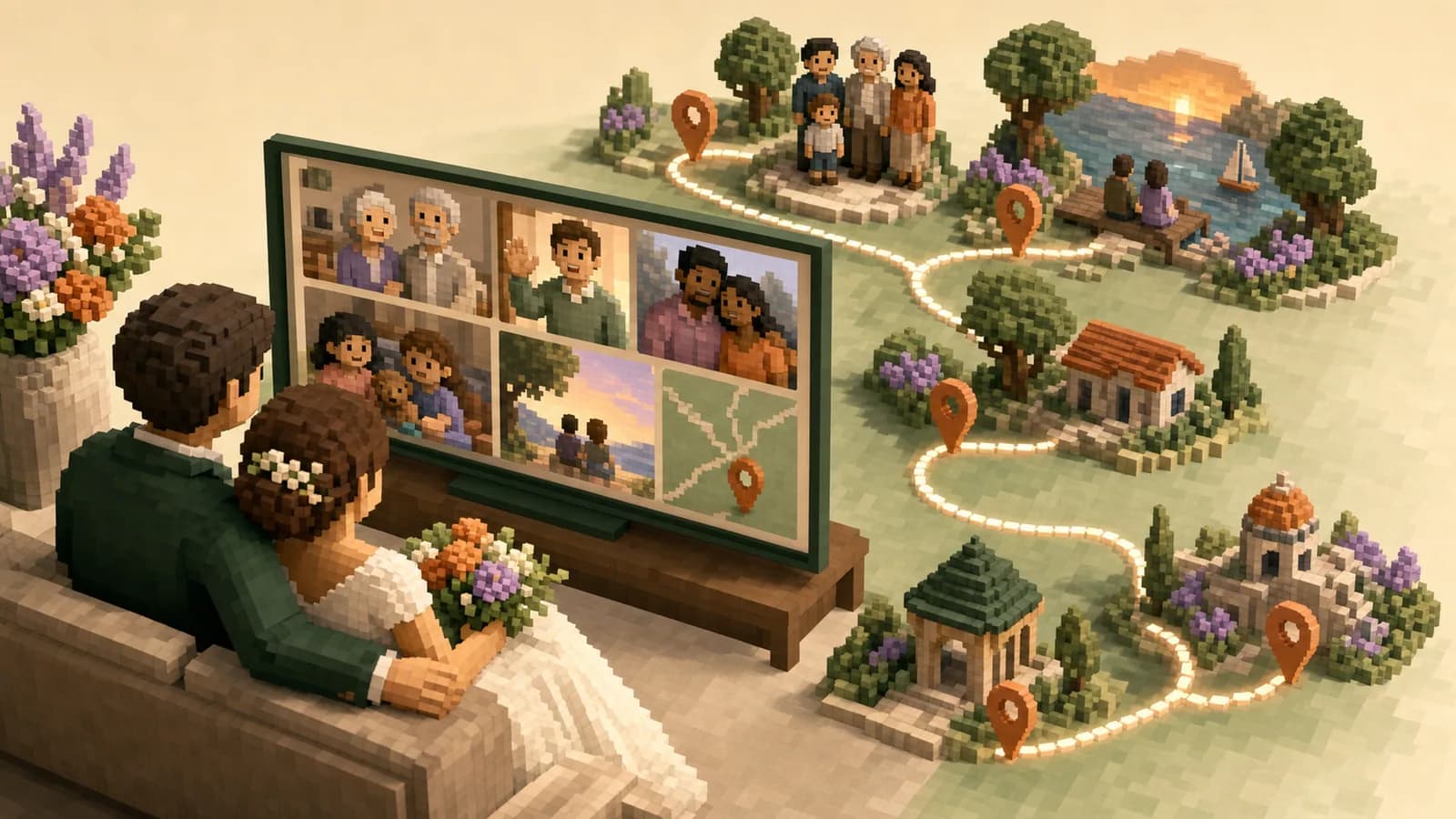 Couple watching a wedding video montage with photos, messages, and meaningful locations