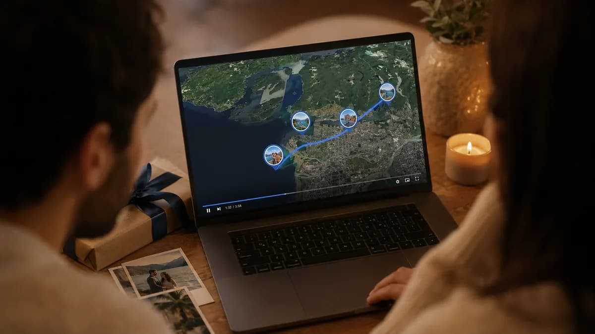Couple watching a map video gift on a laptop at home