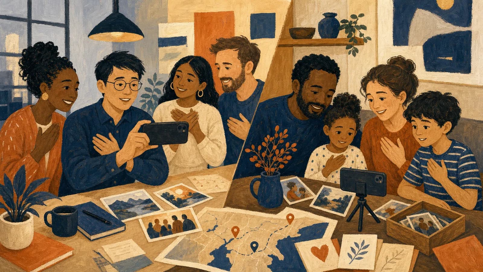 People recording World Gratitude Day videos at work and home with photos and thank-you notes