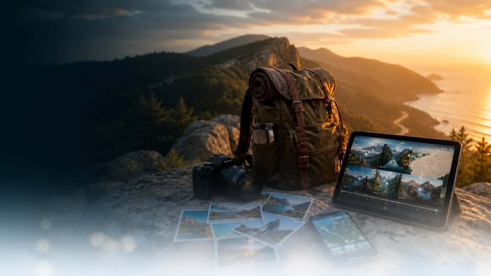 Mountain overlook with travel gear, photos, and devices showing an adventure route video montage