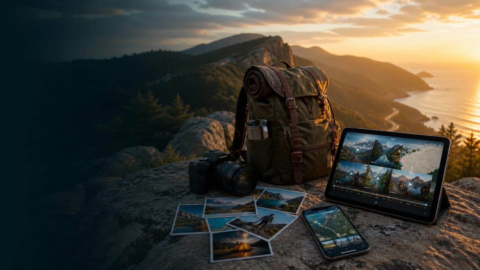Mountain overlook with travel gear, photos, and devices showing an adventure route video montage