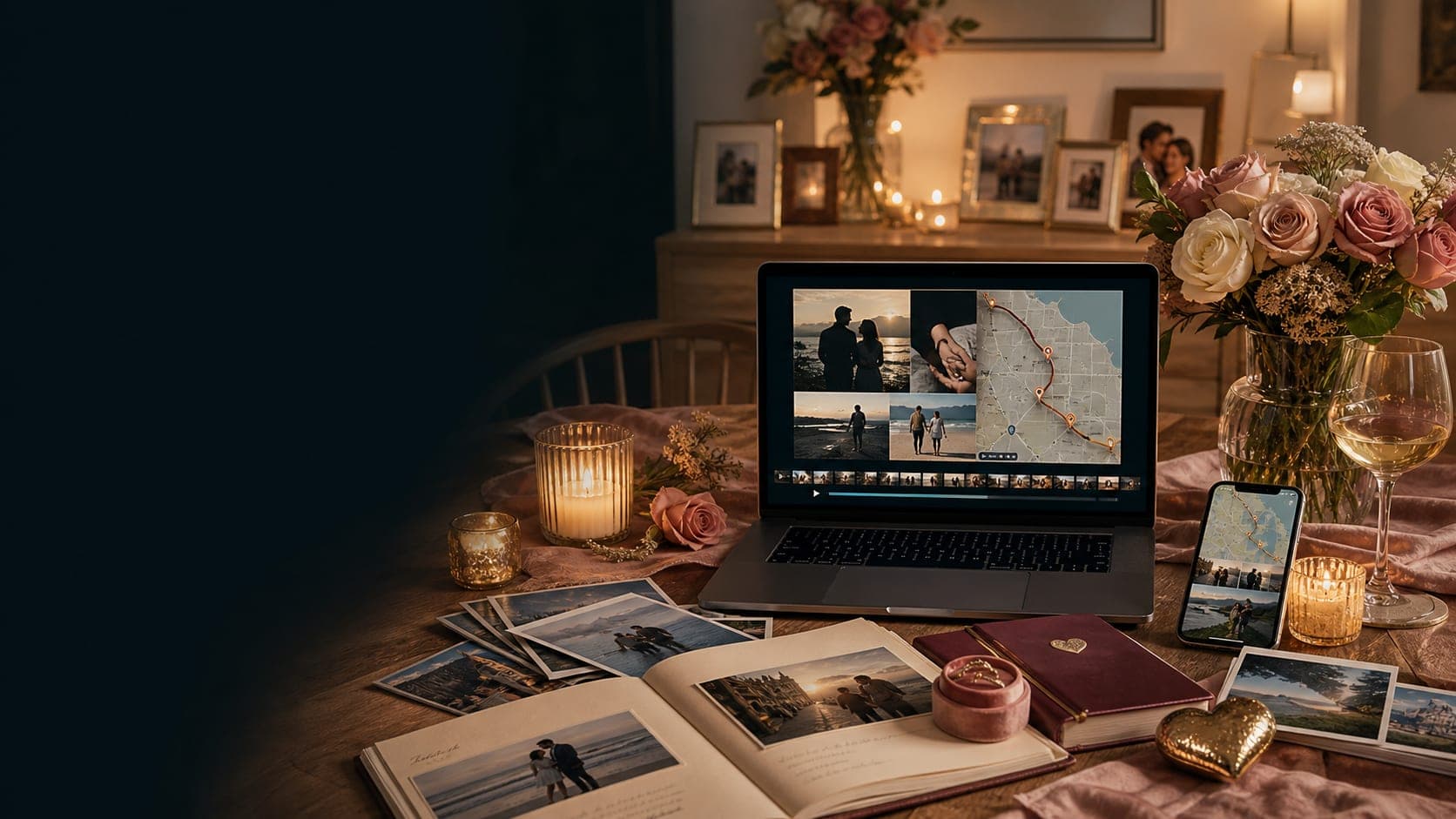Anniversary memory table with flowers, photos, candles, and a laptop showing a map video montage