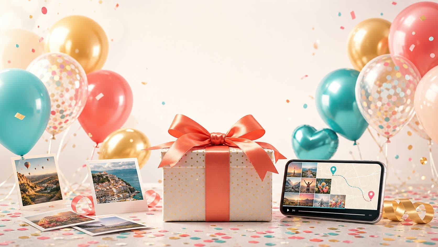 Birthday gift box with balloons, printed memories, and a phone showing a video map route