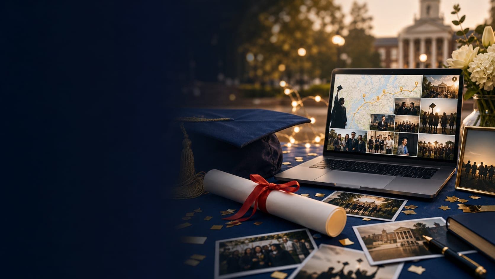 Graduation cap, diploma, photos, and a laptop showing a graduation map video montage