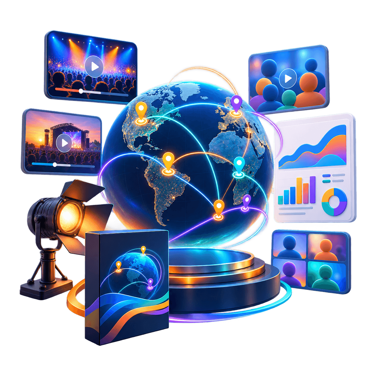 3D campaign reach illustration with a connected globe, event video panels, audience tiles, and analytics
