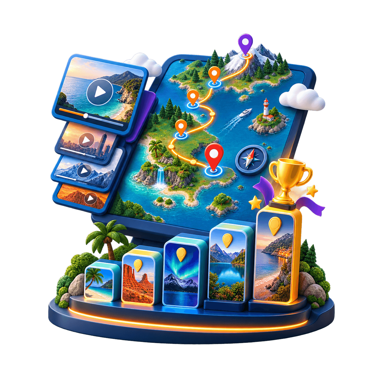 3D location countdown illustration with a route map, ranked video cards, destination pins, and a trophy