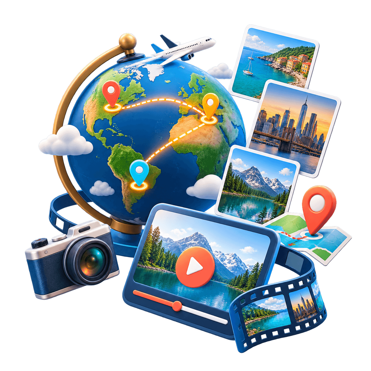 3D travel route recap illustration with a globe, destination pins, travel photos, camera, and video player