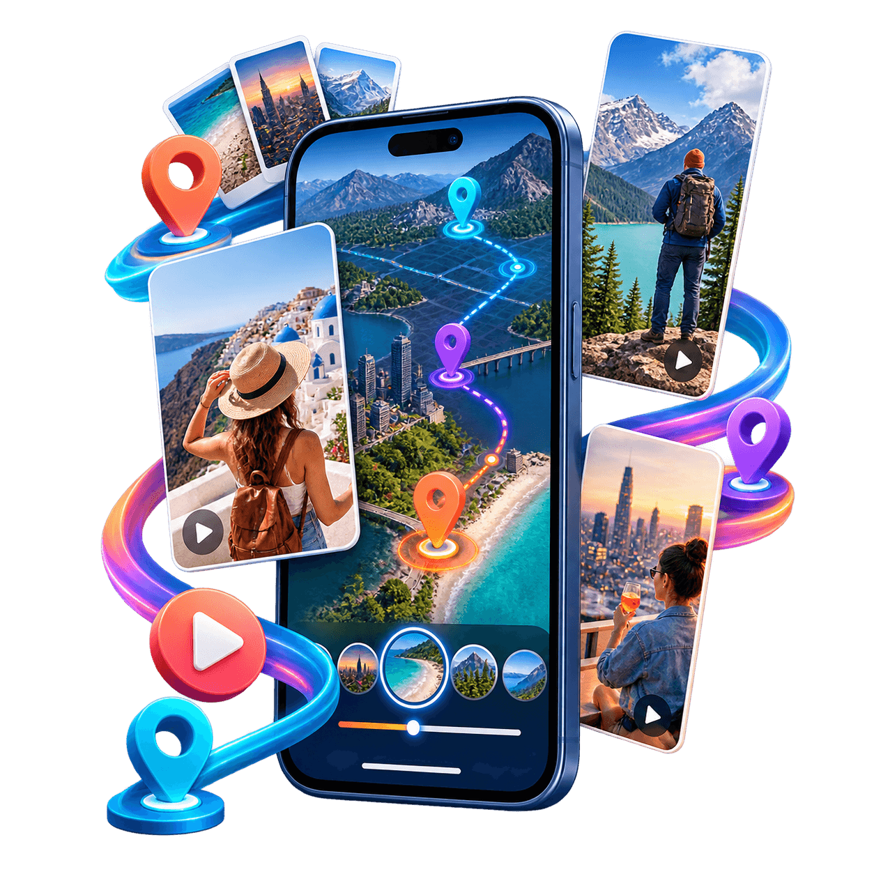 3D vertical phone showing a social video route with colorful location pins and travel clips