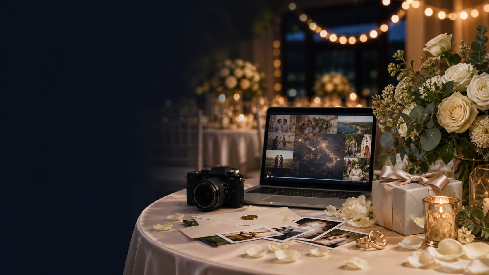 Wedding reception table with flowers, rings, photos, and a laptop showing a map video montage