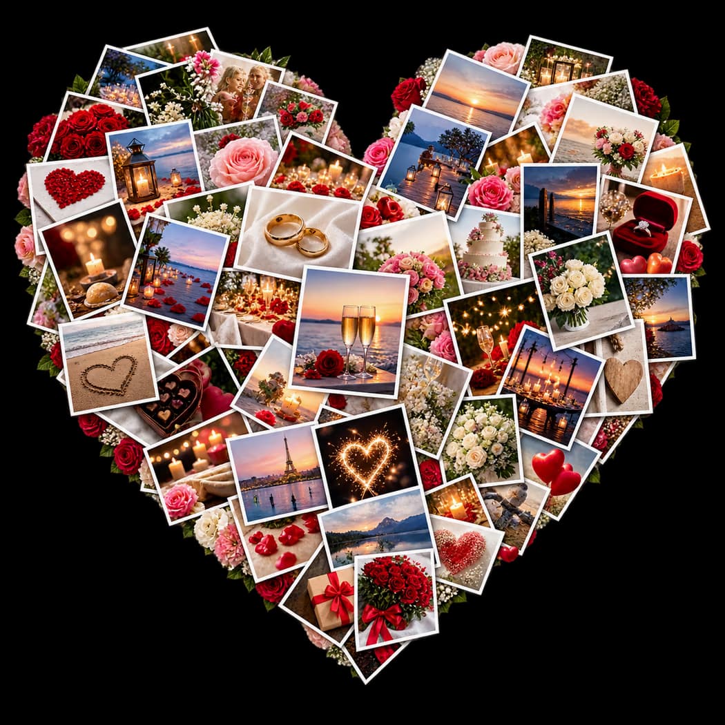 A heart-shaped collage of anniversary memories