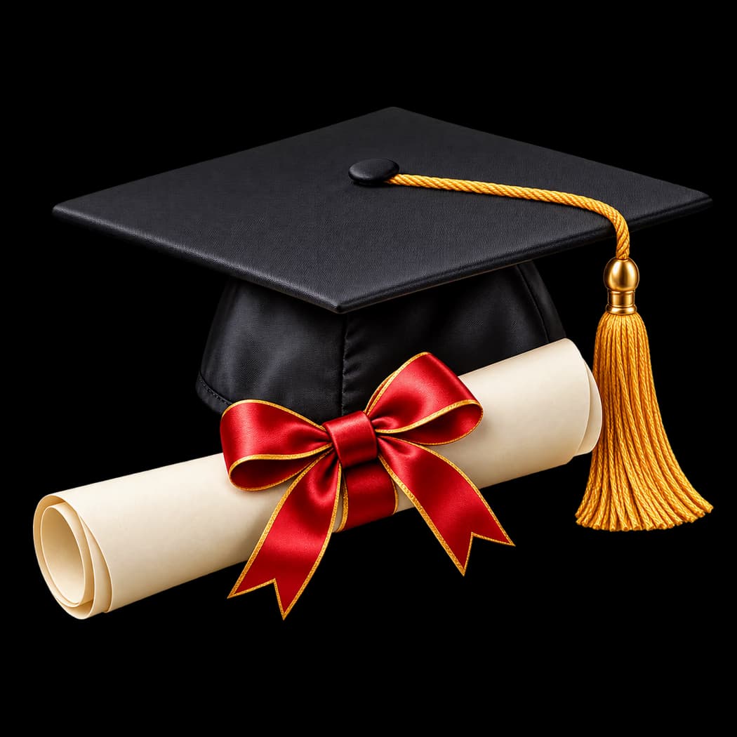 A graduation cap and diploma tied with a red ribbon