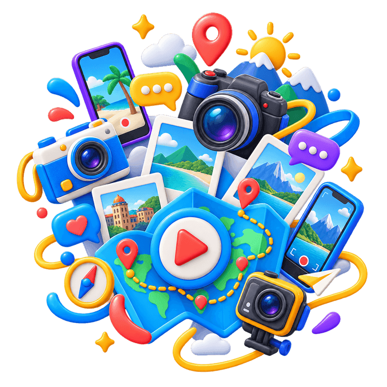 3D collection of travel cameras, phones, photo cards, route markers, and video messages