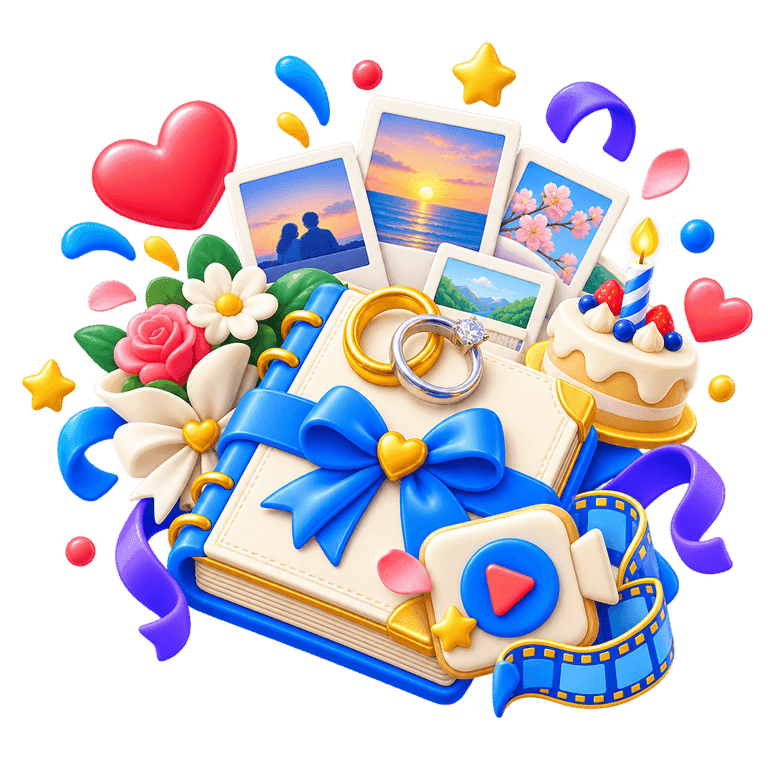 3D anniversary memory album with rings, a cake, photos, hearts, and a video symbol