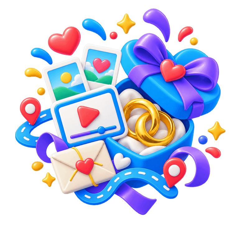 3D anniversary gift with interlocking rings, a video card, photos, and love notes