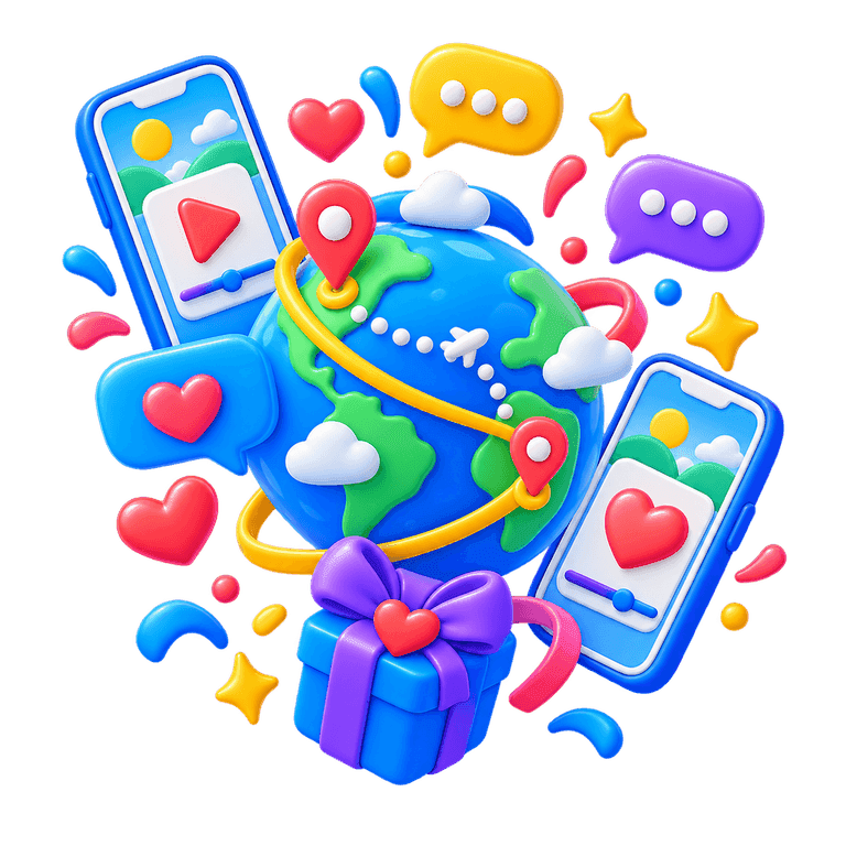 3D globe connected to birthday video messages, location pins, and a wrapped gift