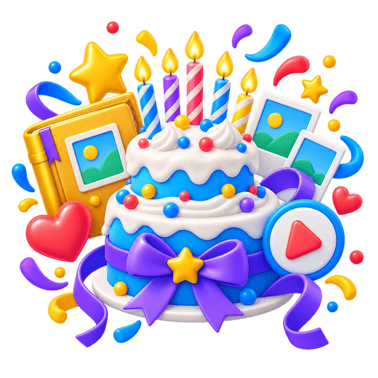 3D milestone birthday cake with photo cards, candles, a memory album, and video symbol