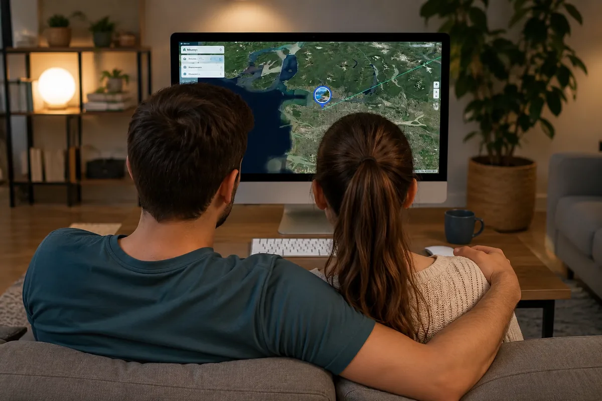 Couple watching an anniversary memory map video on a TV