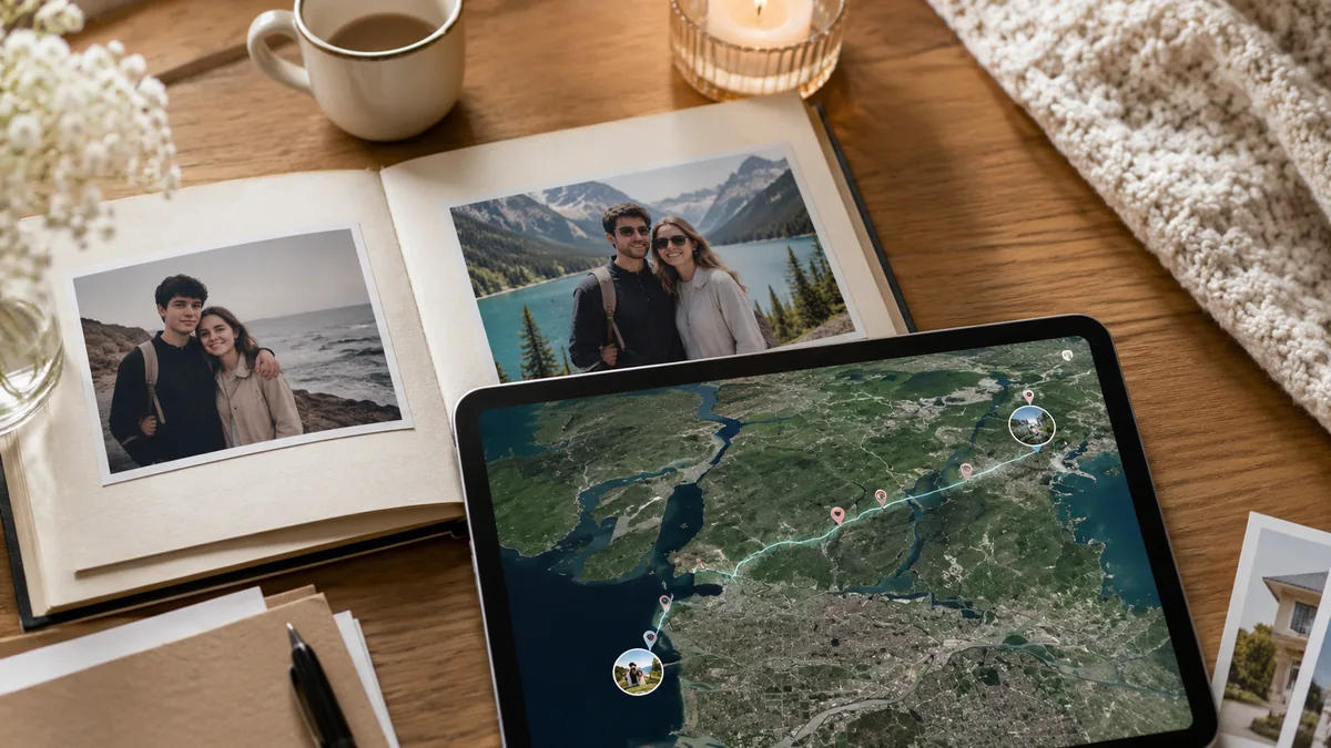 Anniversary photo album beside a tablet showing a memory map