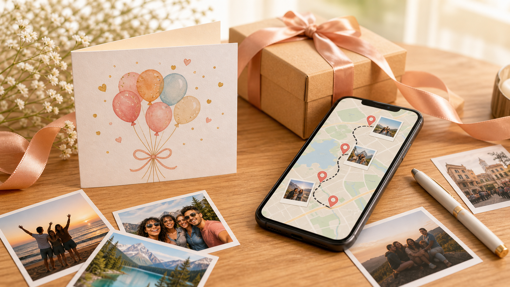 Birthday card and phone showing shared memories on a map for a thoughtful birthday wish