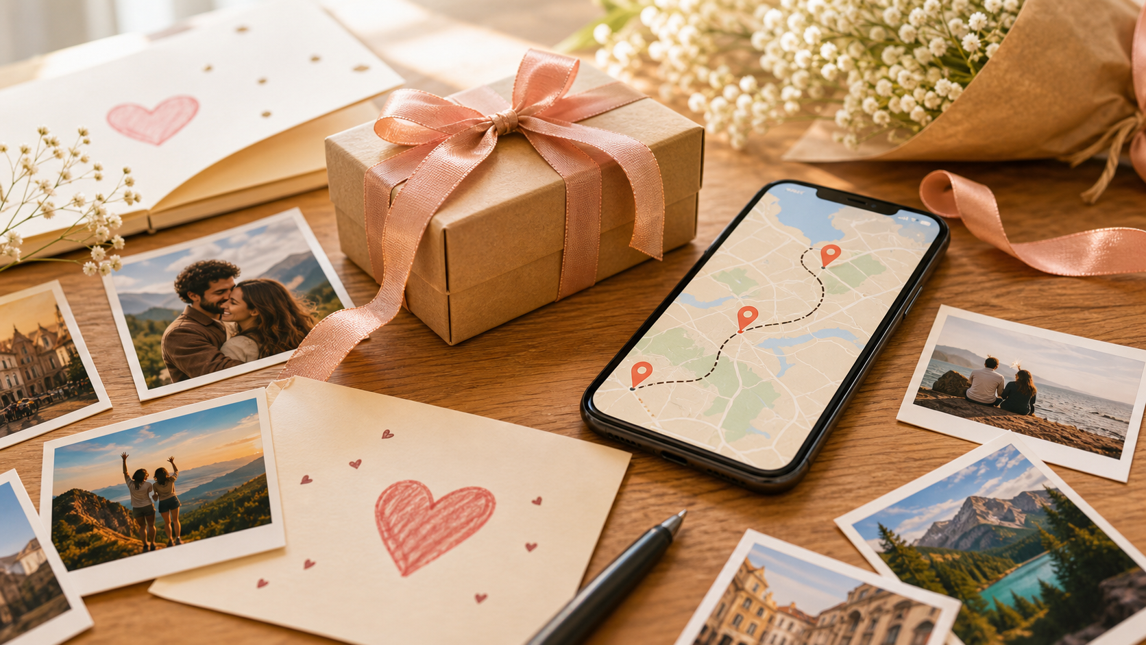 Personal birthday present idea with photos, messages, and a map route on a phone