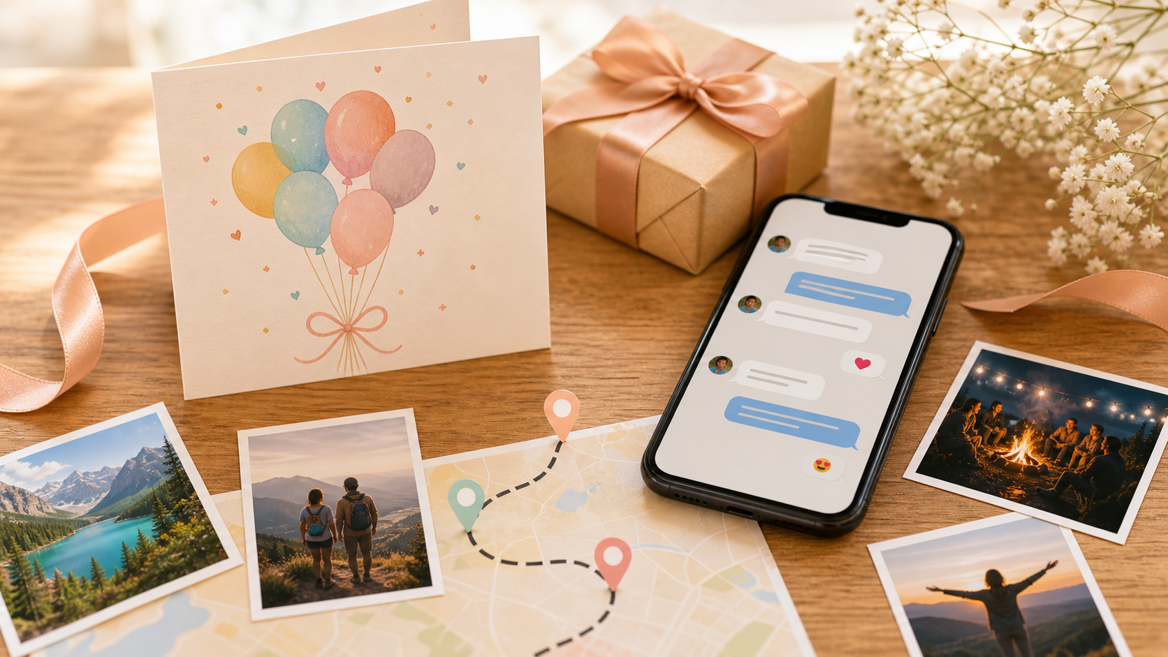 Birthday card, phone messages, photos, and map route for a shared birthday greeting idea