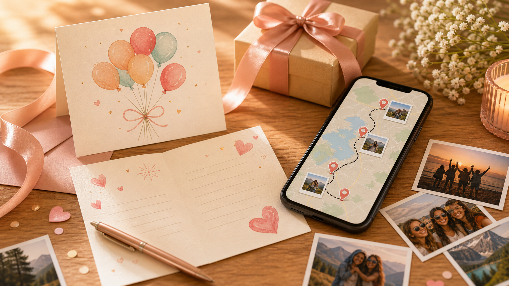 Birthday card with photos and a phone showing a memory map for a personal birthday wish