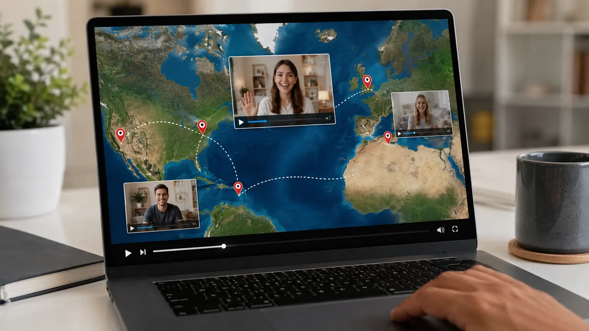 Laptop preview of a birthday map video with friends and locations