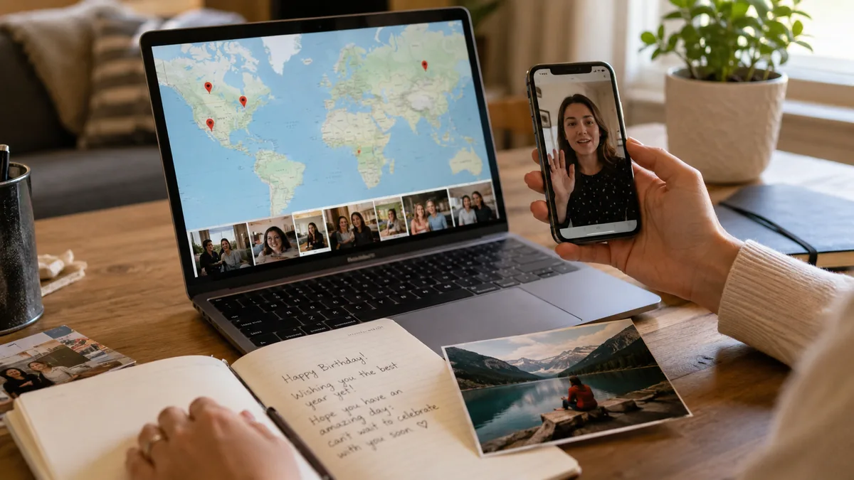 Friend recording a birthday video message beside a laptop map